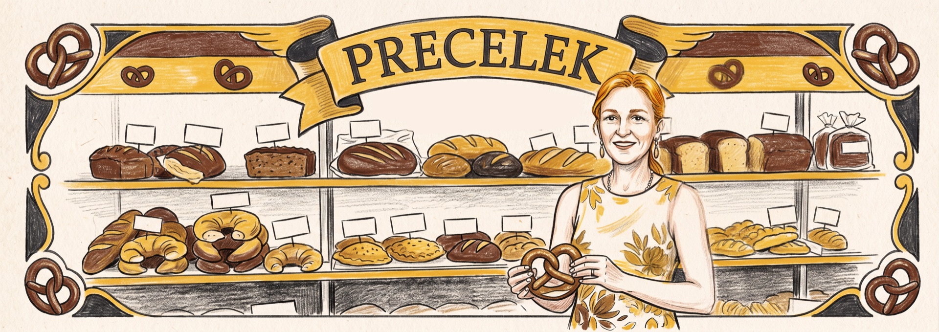 Ilustracja: właścicielka Precelka za drewnianą ladą z tacą świeżych precli, w tle żółty szyld i półki pełne pieczywa.
